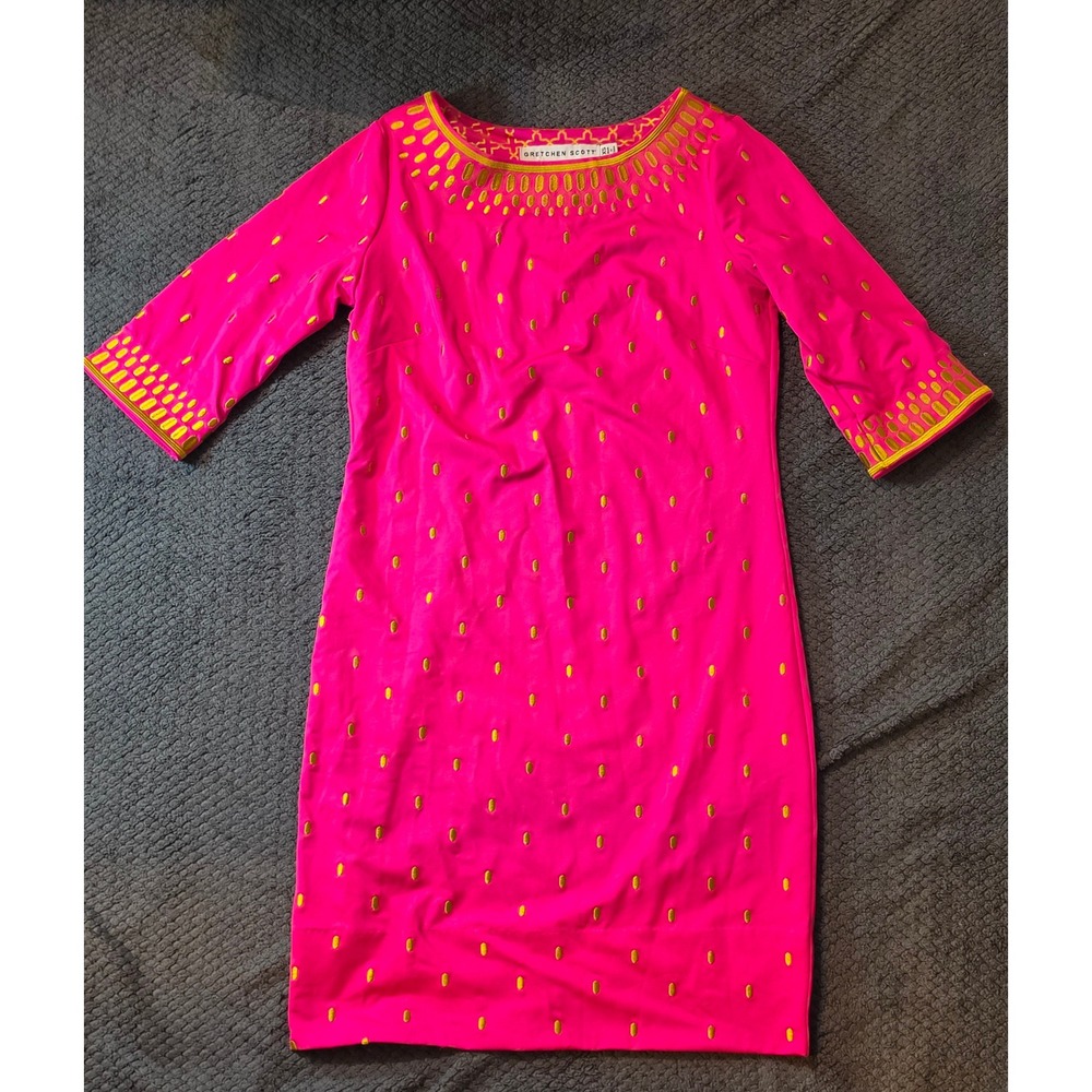 Gretchen Scott Hot Pink Gold Embroidered Shift Dress XS 3/4 Sleeve Preppy Resort